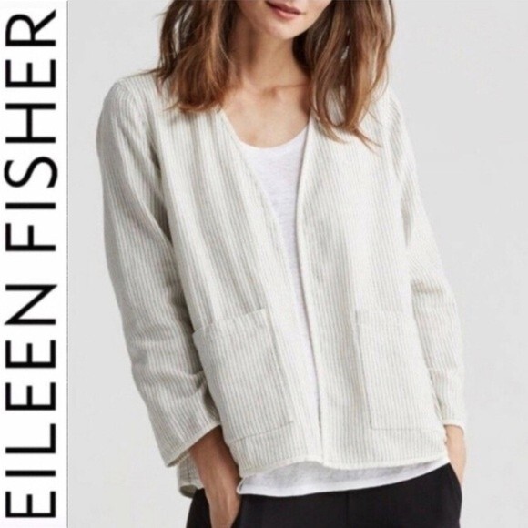 EILEEN FISHER REVERSIBLE COTTON KIMONO JACKET M Open Front Lagenlook Blazer - Picture 3 of 13